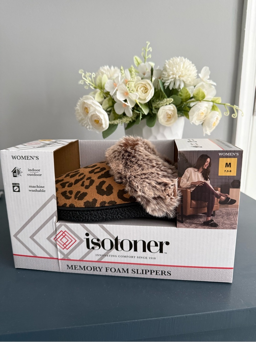 isotoner Leopard Print Faux Fur Lined Slippers - Brown, Black
